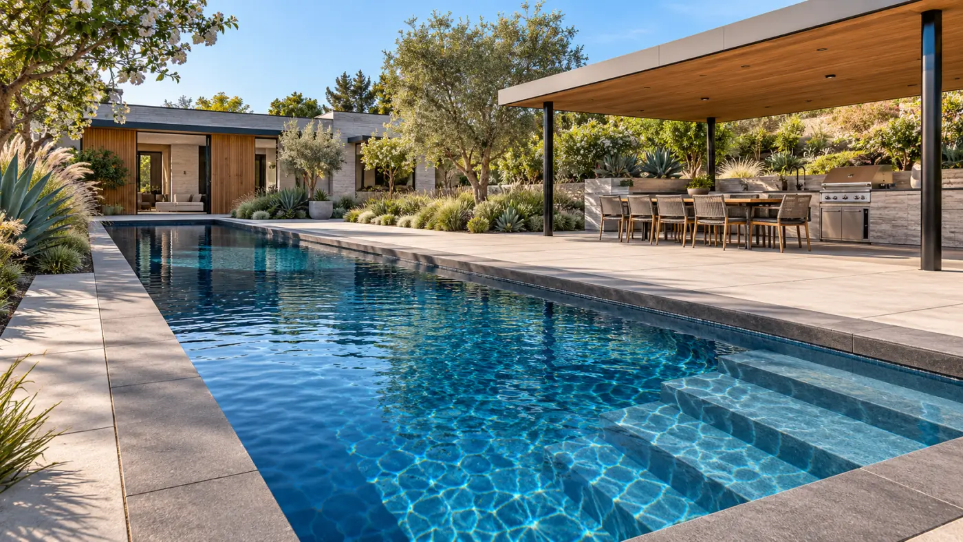 Custom backyard swimming pool with broad entry steps beside a covered outdoor kitchen, dining patio, and landscaped garden, showcasing outdoor living design for Carmel Valley homes.