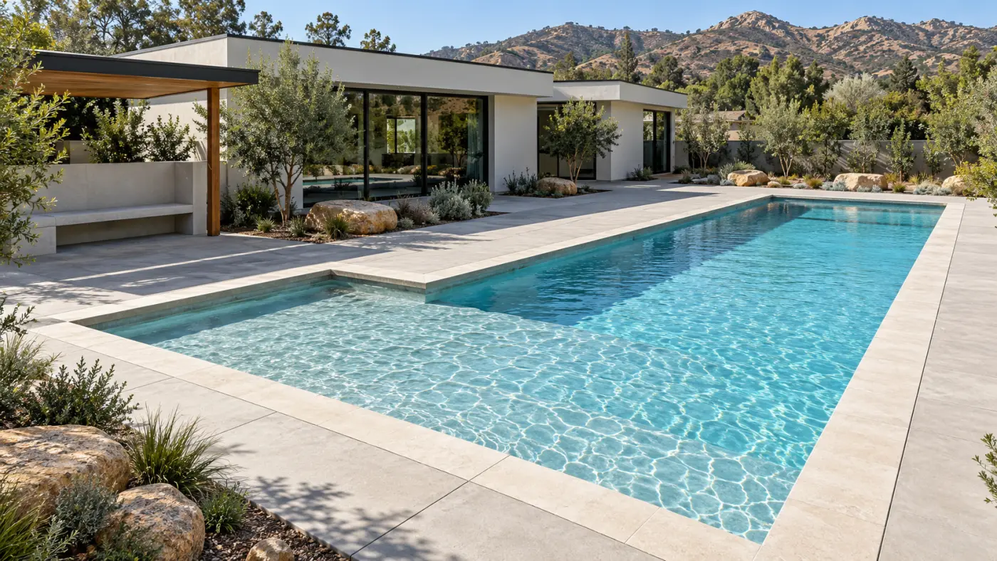 Geometric pool with a shallow lounging area beside a contemporary home and rocky foothills.