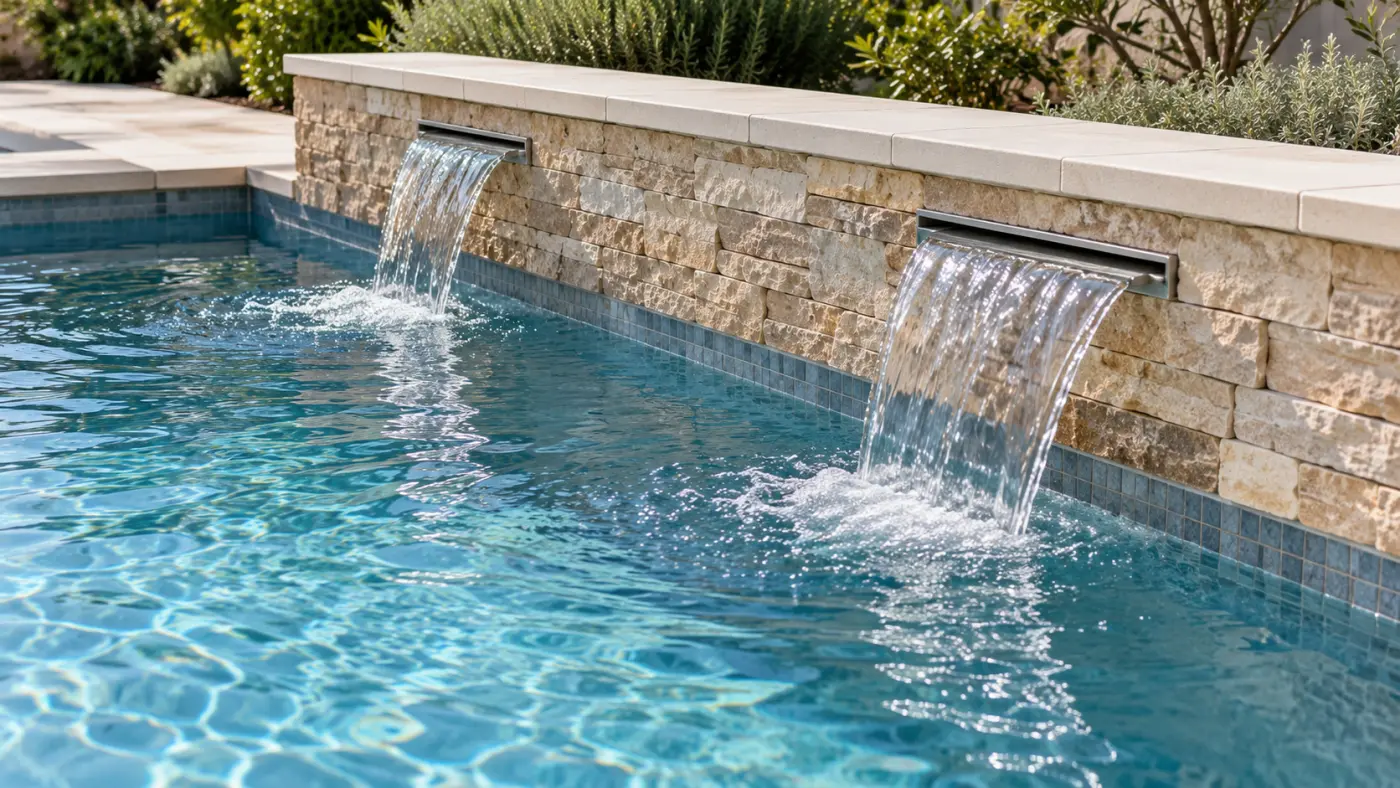 Two stainless-steel spillways pouring water into a pool from a low stone wall.
