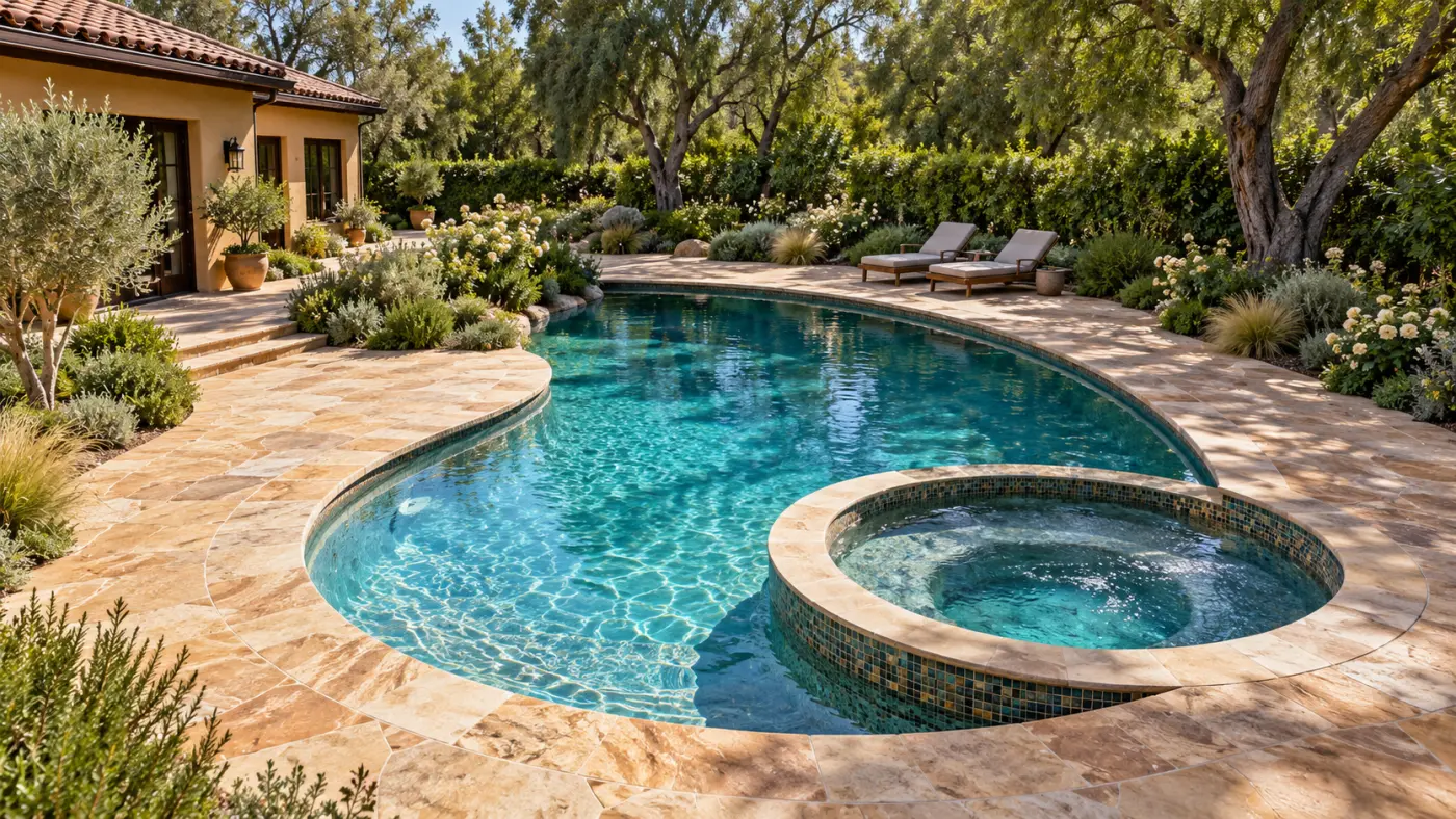 Geometric pool beside a contemporary home with a covered outdoor kitchen, dining area and landscaped gardens.