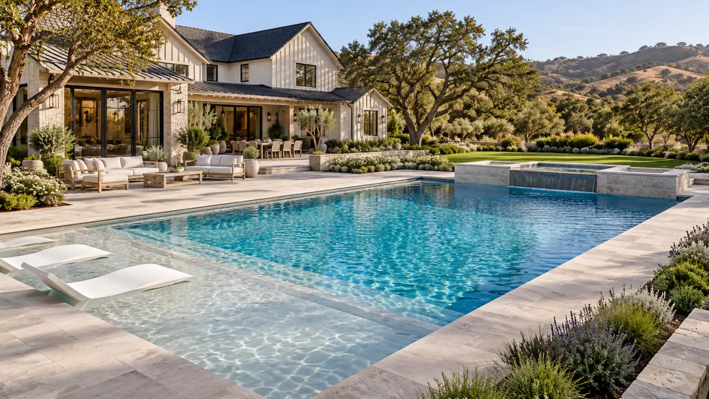 Luxury swimming pool with a sun shelf and raised spa beside a modern farmhouse overlooking rolling hills in Coto de Caza, CA.