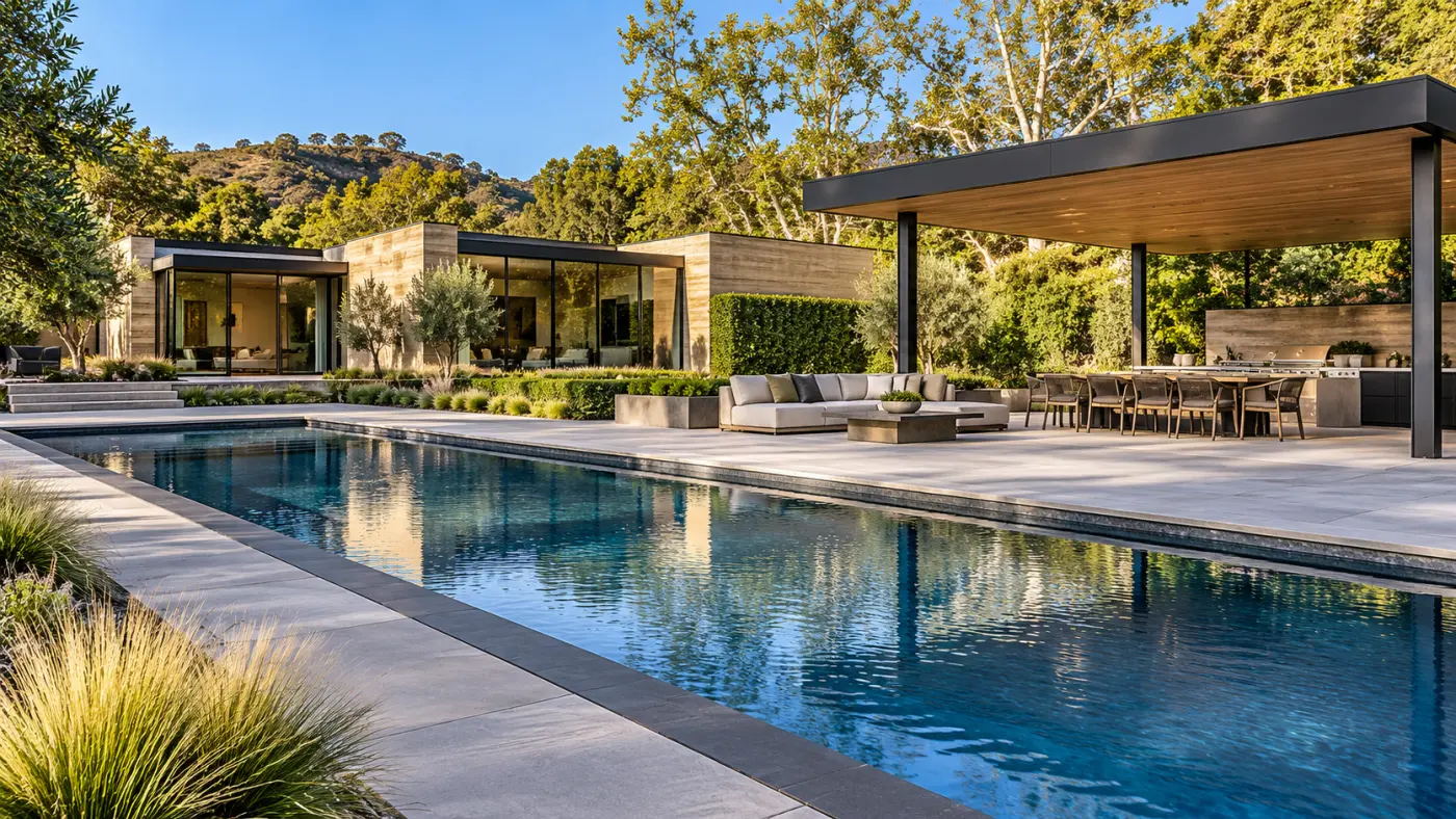 Modern backyard swimming pool with geometric design, stone decking, and landscaped outdoor entertaining area in Coto de Caza, California.