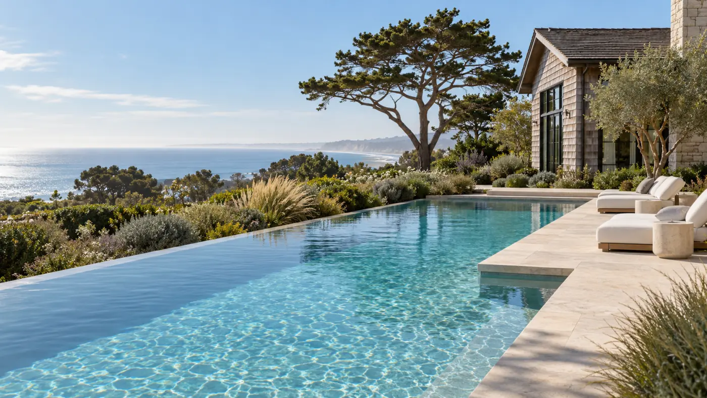Custom infinity swimming pool in Del Mar, CA, featuring limestone decking, a coastal-style home, and panoramic ocean views.