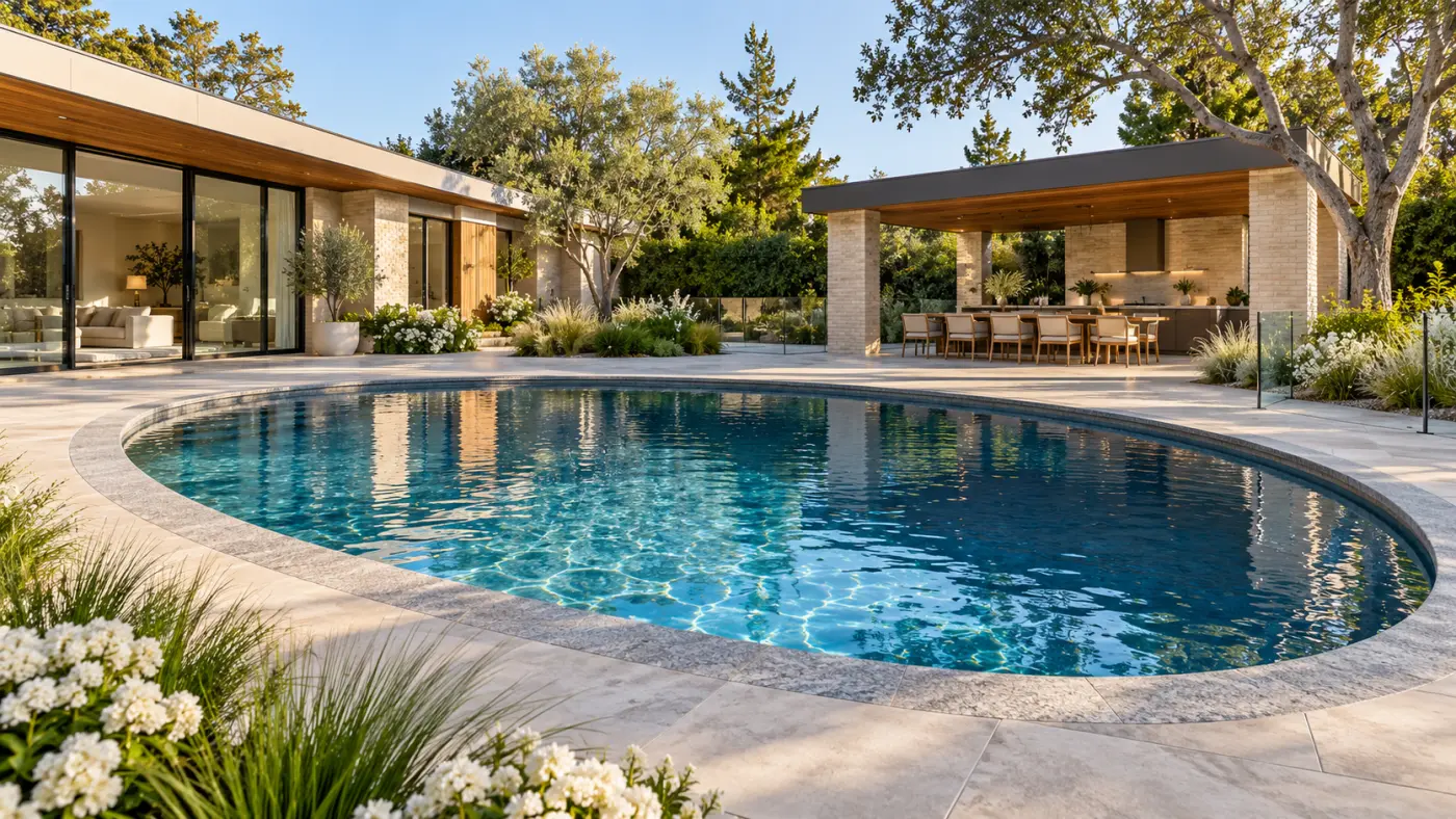 Custom oval swimming pool design featuring a contemporary home, covered outdoor kitchen, and outdoor dining area in Del Mar, CA.