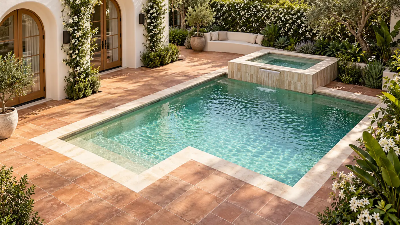 Luxury inground swimming pool with a raised stone spa, terracotta decking, and landscaped gardens at a residential property in Del Mar.