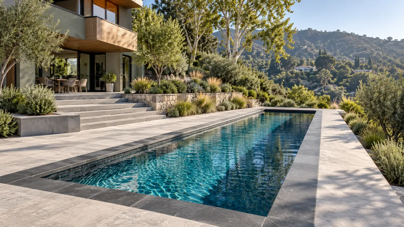 Custom hillside lap pool construction in Glendale, CA, featuring natural stone decking, terraced gardens, and wide steps leading to a contemporary home's shaded patio.
