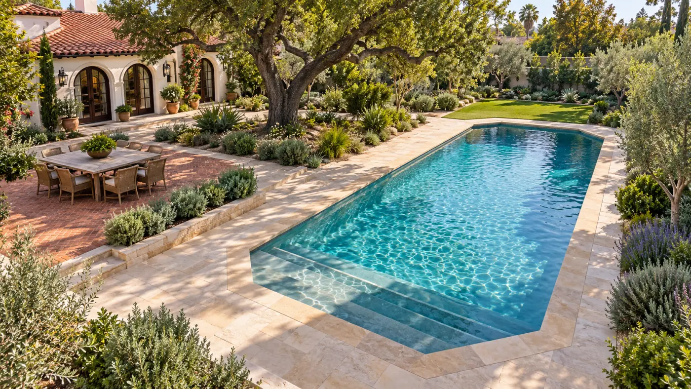 Custom inground swimming pool design in Glendale, CA, featuring wide entry steps, a brick dining patio, and mature landscaping beside a Spanish-style home.