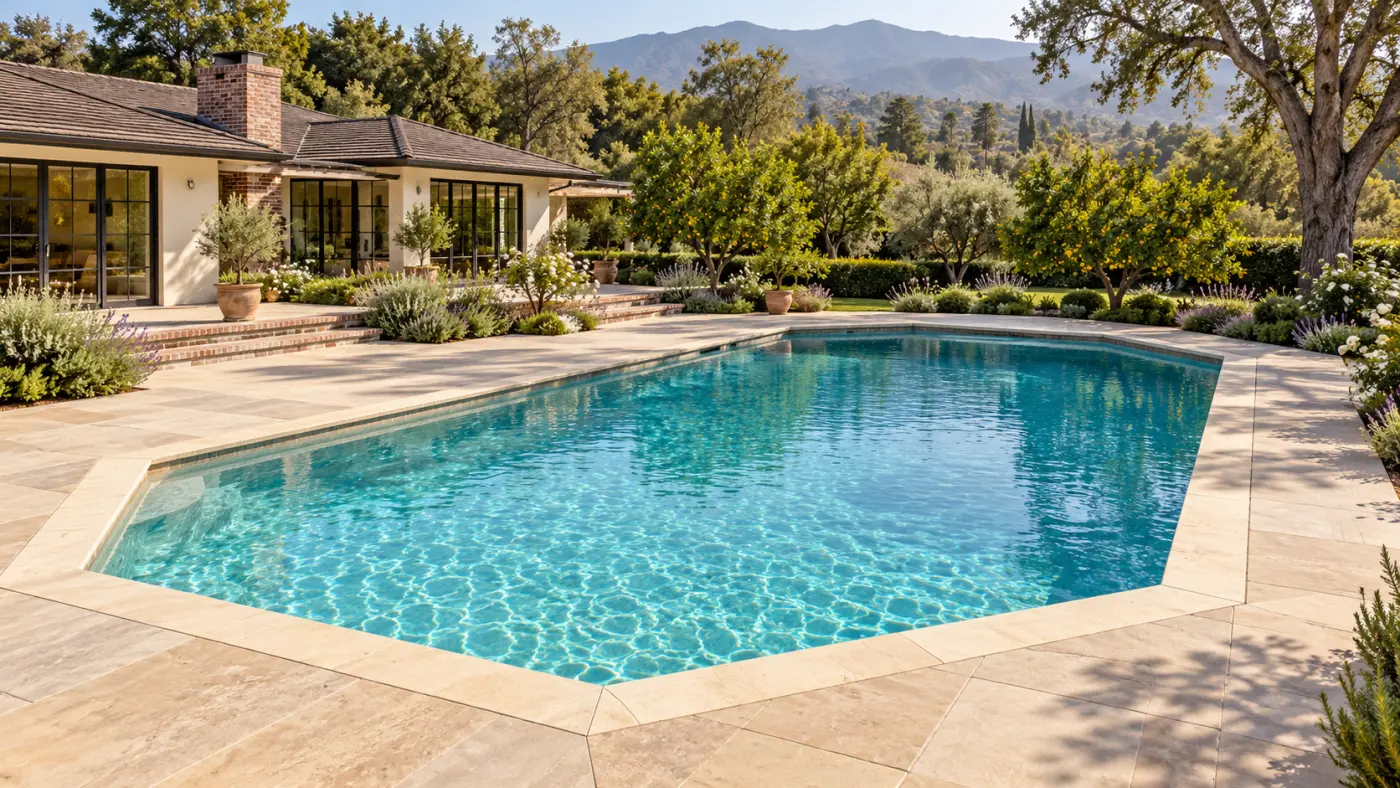 Custom geometric inground swimming pool with sandstone decking, citrus trees, and a scenic foothill backdrop, showcasing luxury pool design in Glendora, CA.