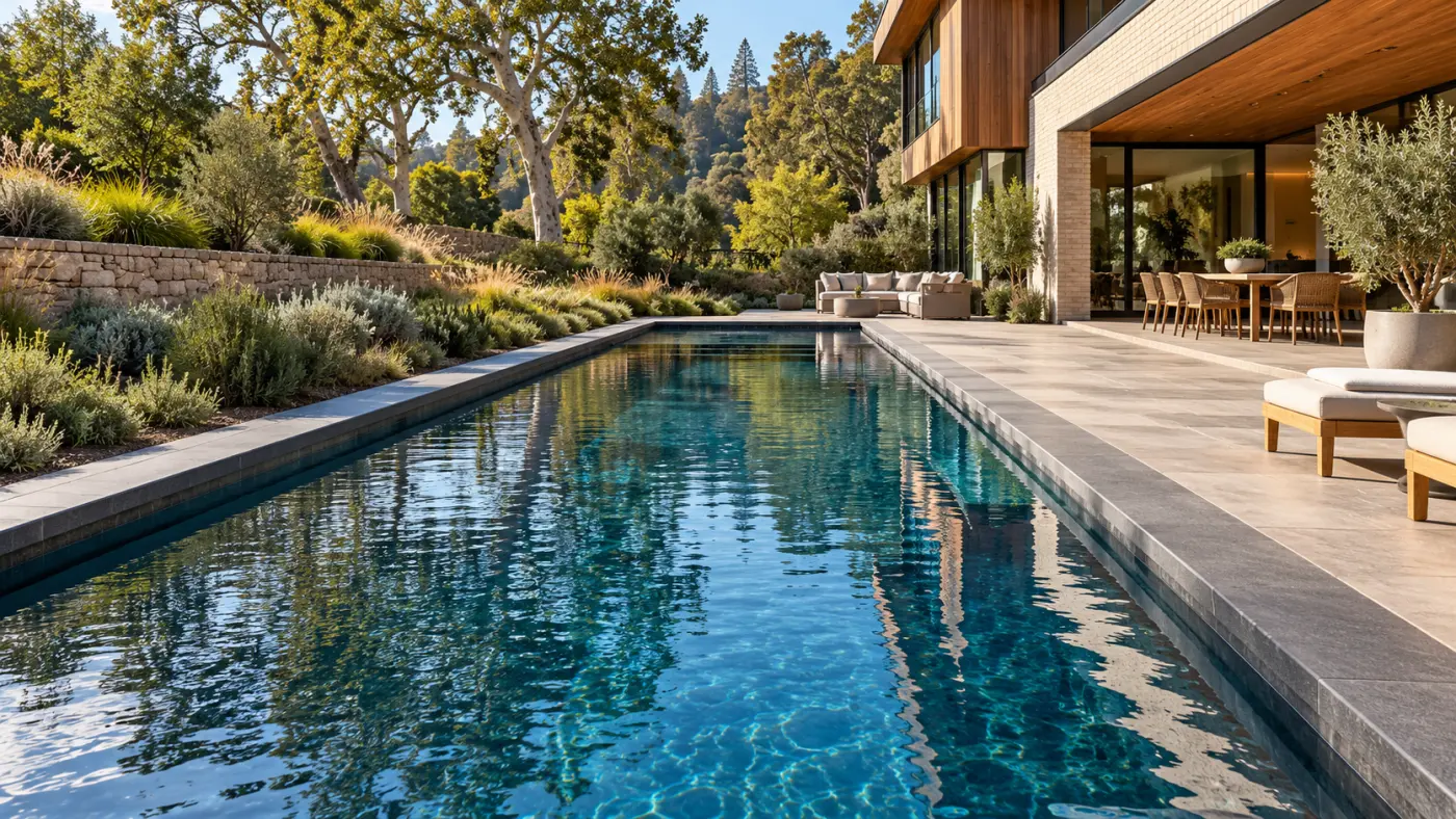 Luxury lap pool beside a contemporary home with terraced gardens and a covered outdoor dining area, showcasing backyard pool design in Glendora, California.