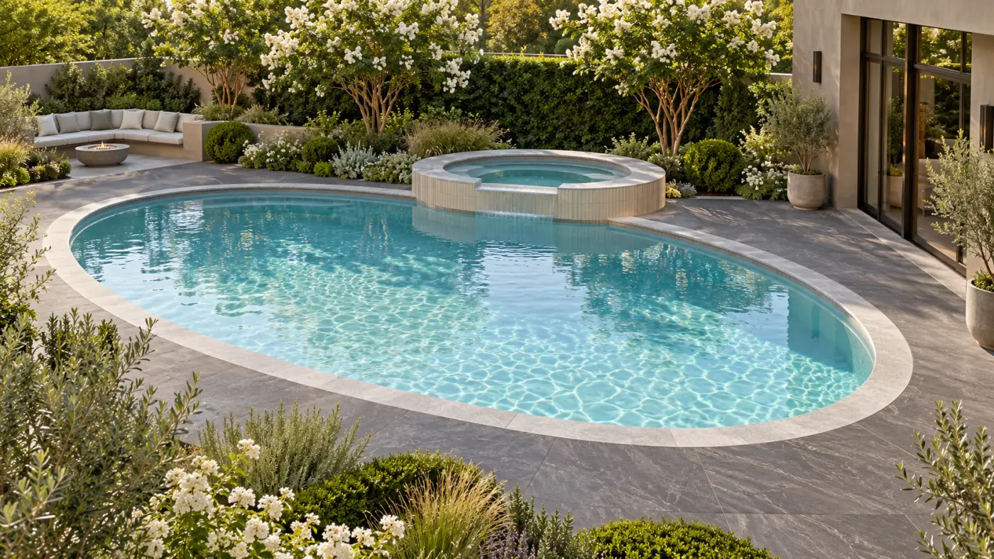 Oval swimming pool with a raised tiled spa, gray stone decking, and flowering privacy gardens, illustrating custom pool and spa design for Glendora homes.