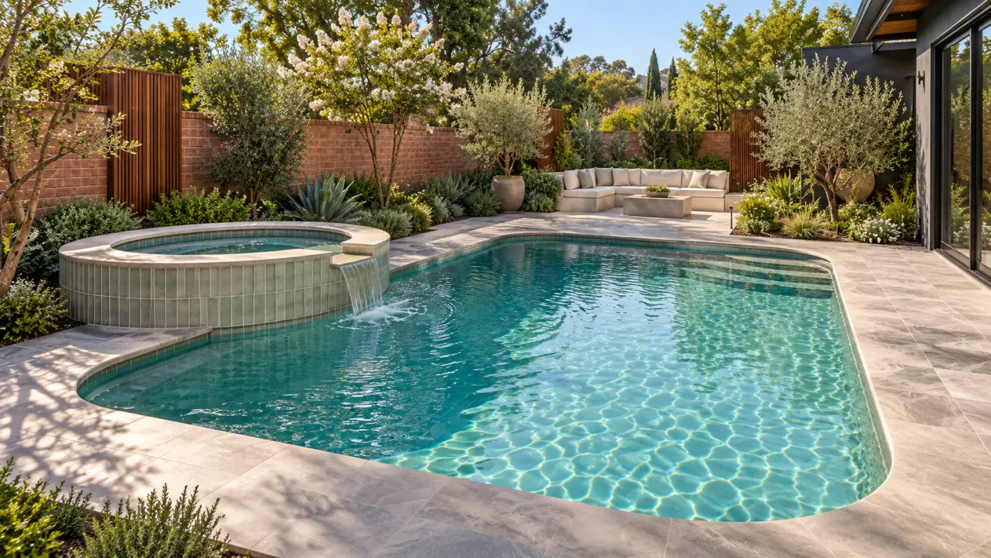 Custom backyard swimming pool and raised circular spa featuring natural stone decking and landscaped privacy screens, designed for luxury outdoor living in Irvine, CA.