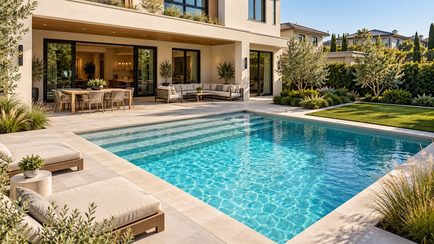 Custom geometric swimming pool design in Irvine, CA, featuring wide entry steps, light-colored pool decking, a green lawn, and covered patio seating.