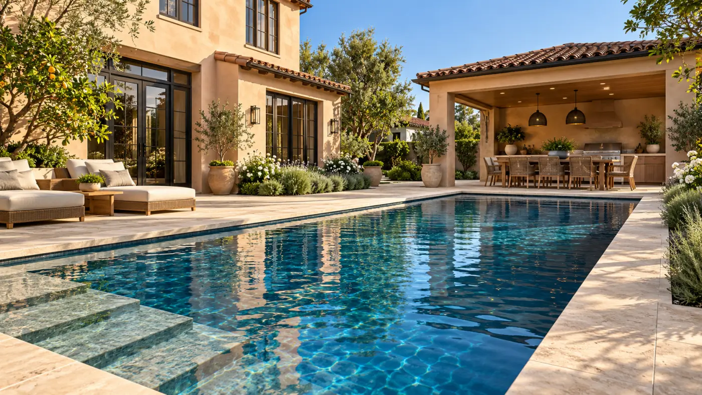Luxury inground swimming pool with broad entry steps beside a Spanish-style home and covered outdoor kitchen, showcasing custom pool design in Irvine.