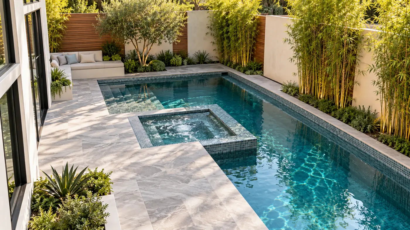 Modern courtyard swimming pool with an integrated square spa, natural stone decking, and bamboo privacy landscaping.