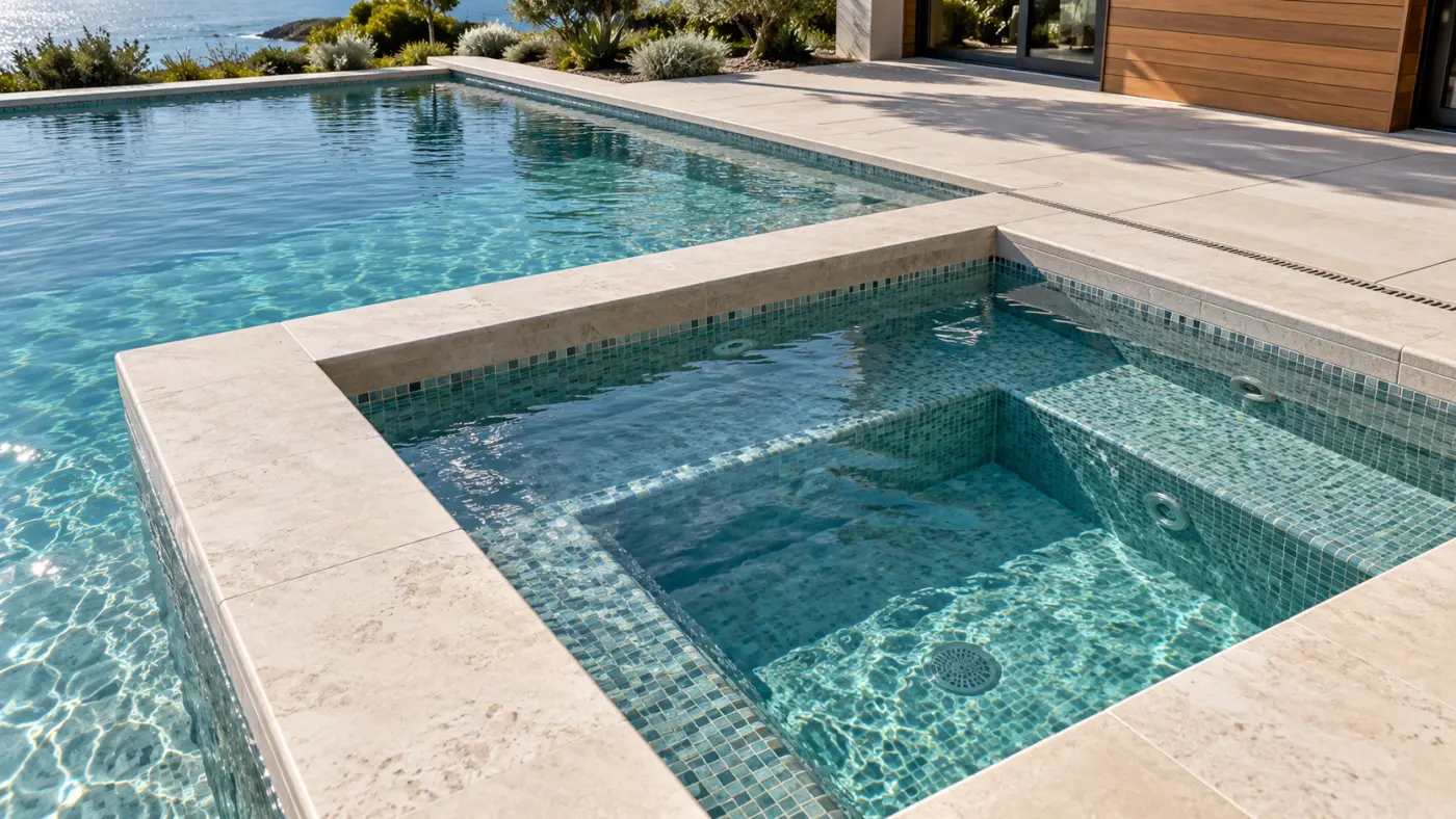 Attached square spa with blue-green mosaic tiles, submerged bench seating and pale stone coping.