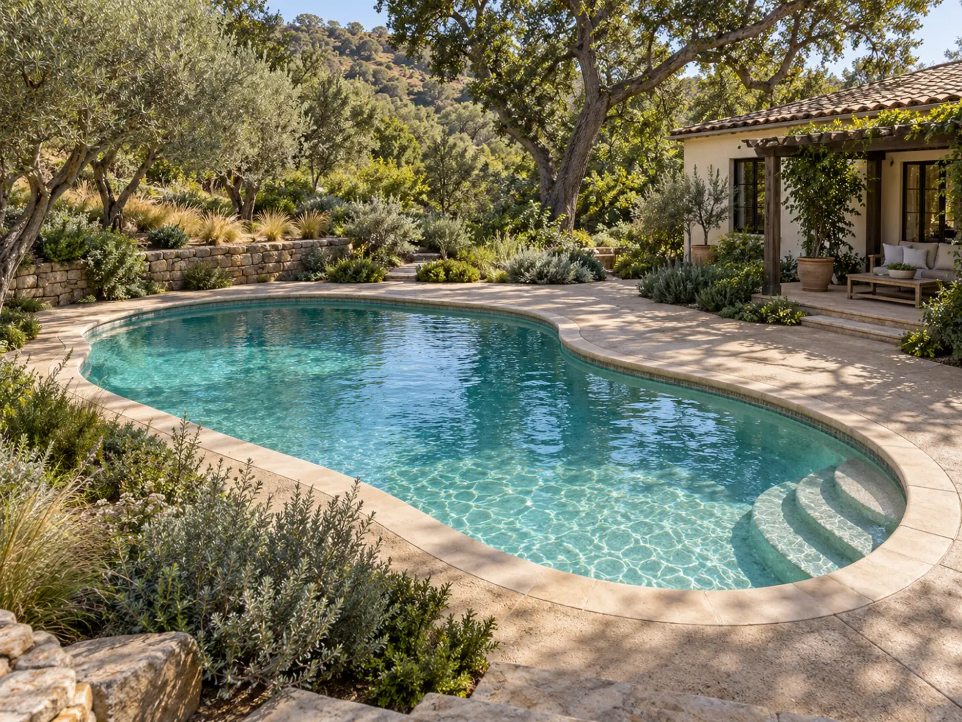 Curved garden pool with entry steps, mature trees and a shaded patio in a canyon setting.