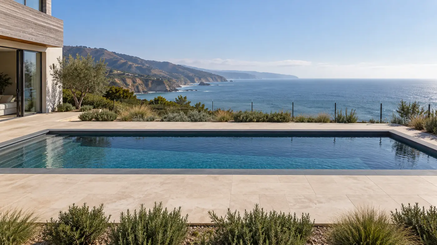 Rectangular pool with dark coping and pale decking overlooking the ocean and rugged coastline.