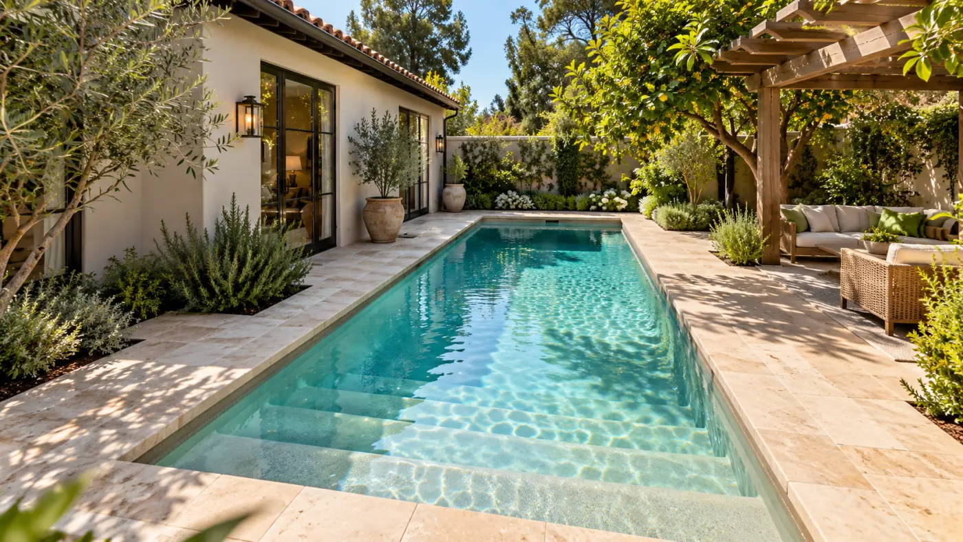 Compact backyard swimming pool with entry steps, landscaping, and shaded pergola, illustrating pool options for Mission Hills homes.