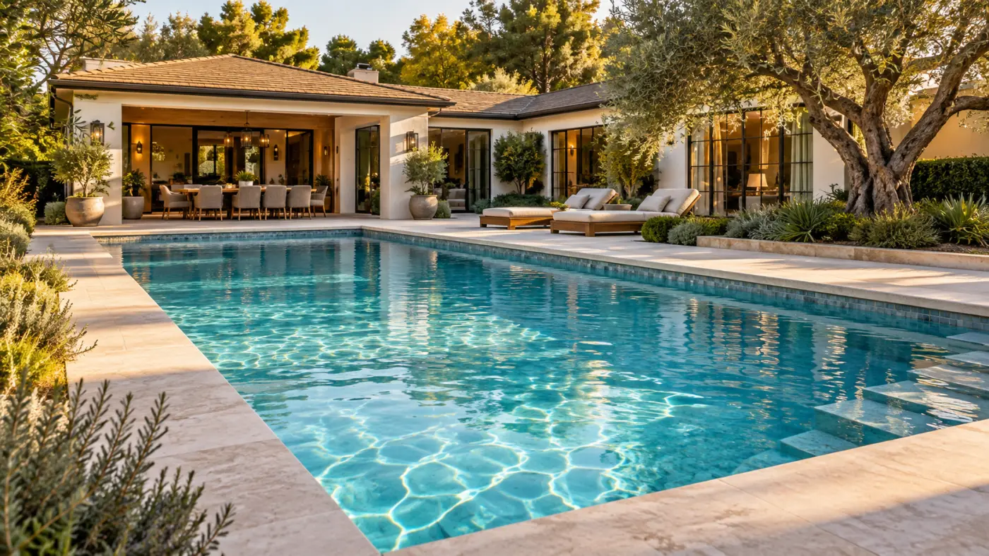 Luxury backyard swimming pool with limestone decking and California-style home, featured for Mission Hills pool design.