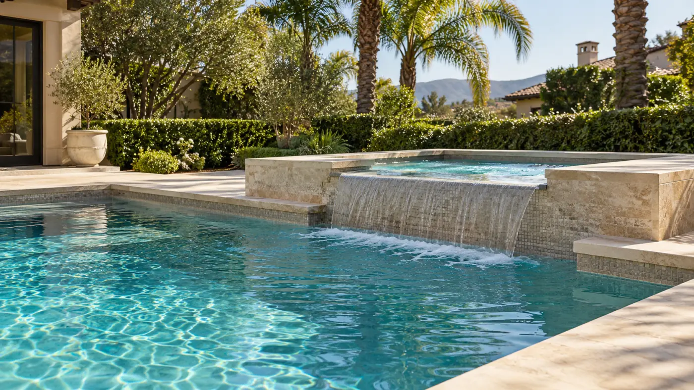 Raised spa with waterfall flowing into a custom swimming pool, illustrating Mission Hills luxury pool design.