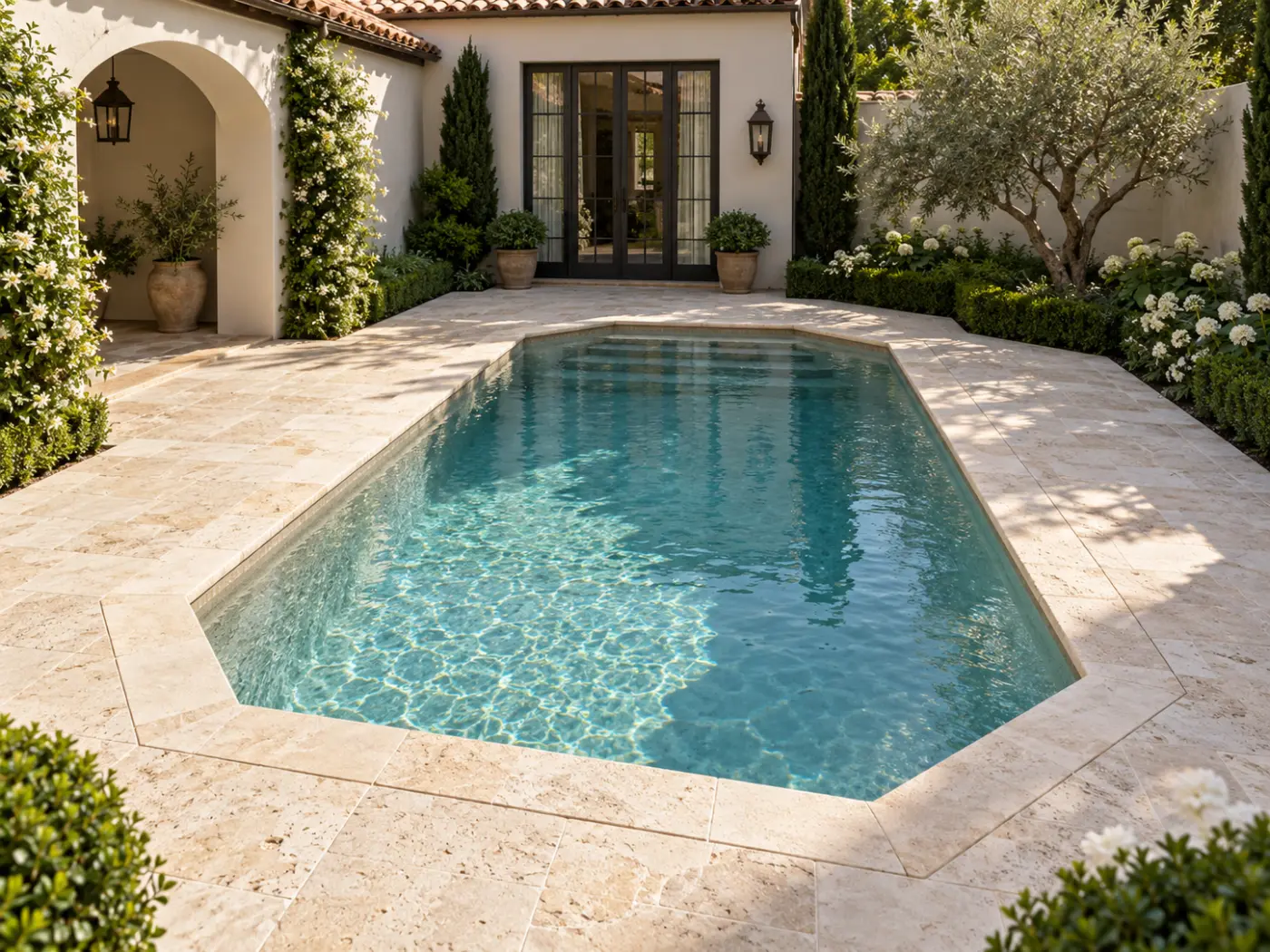 Courtyard pool with clipped corners, pale stone paving and Mediterranean-style architecture.