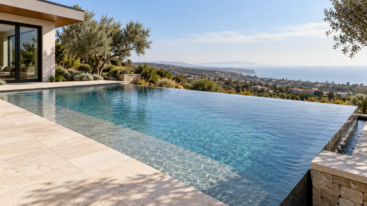Infinity-edge pool with a shallow shelf and pale stone decking overlooking coastal hills and the ocean.