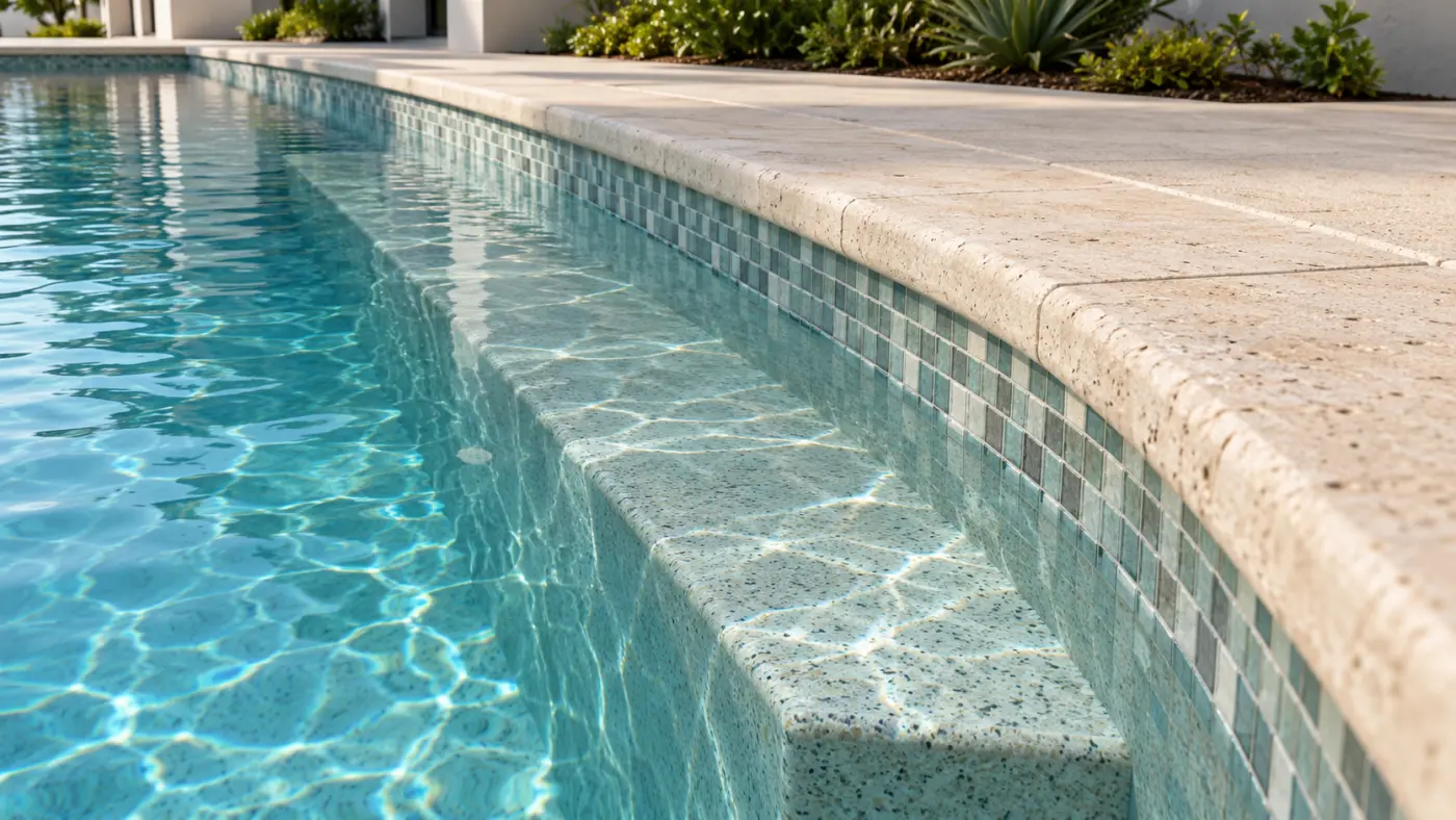 Submerged pool bench beneath blue-green mosaic tiles and pale stone coping.