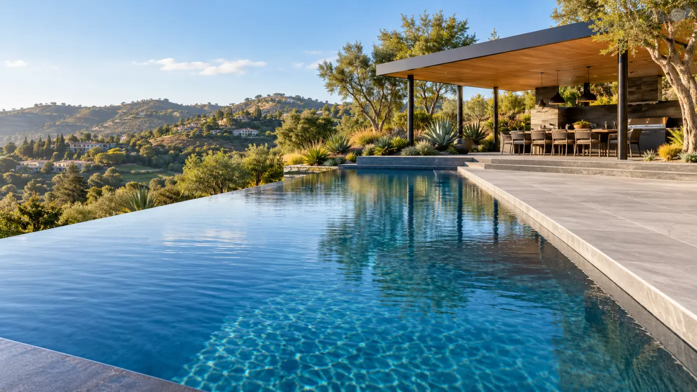Custom hillside infinity swimming pool with a covered outdoor kitchen, spacious stone terrace, and panoramic hill views, showcasing luxury pool design in Orange County.