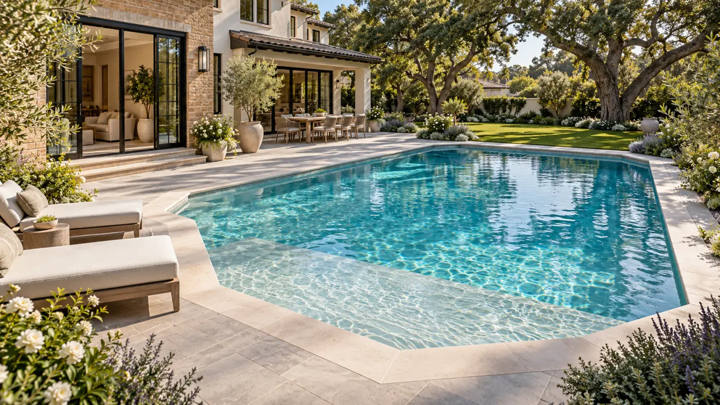Custom luxury swimming pool in Orange County, CA, featuring a shallow tanning ledge, natural stone decking, landscaped backyard, and outdoor dining area.