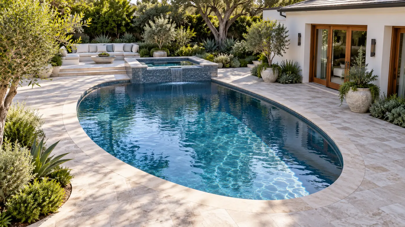 Luxury inground swimming pool design featuring an oval pool, raised mosaic spa, natural stone decking, and private garden seating.