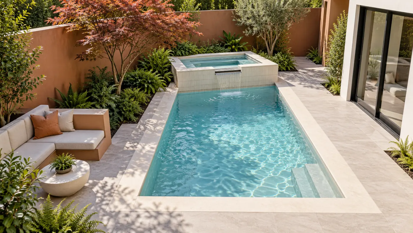 Custom inground swimming pool with a raised spa, light stone decking, and landscaped backyard featuring outdoor seating, illustrating luxury pool design in Pasadena, CA.