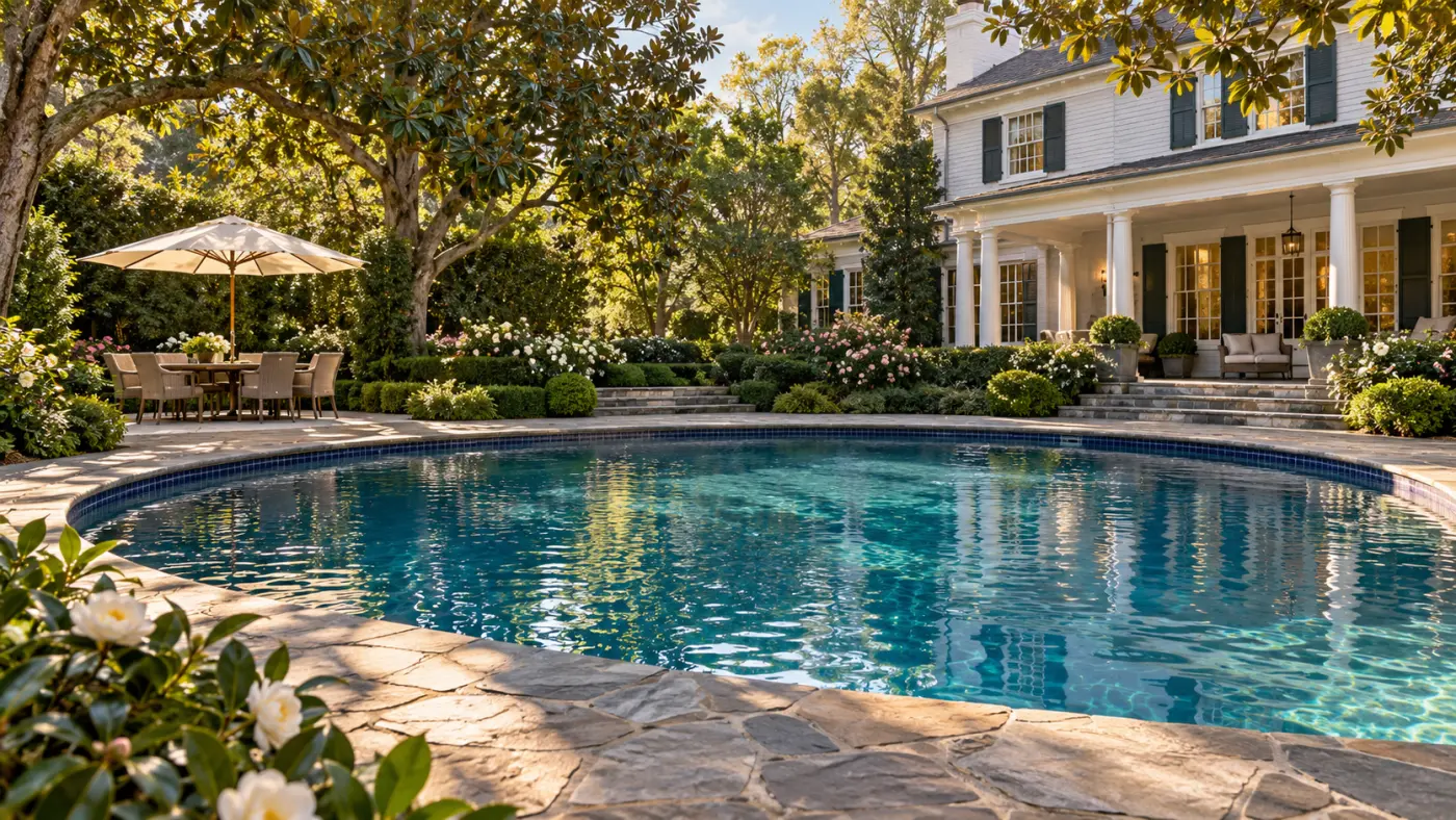 Oval swimming pool with flagstone decking, mature gardens and shaded dining beside a traditional home.