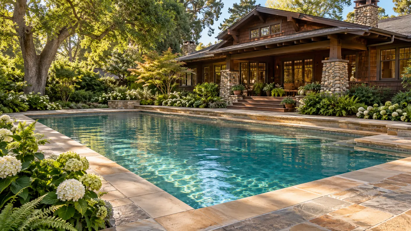 Oval swimming pool with flagstone decking, mature gardens, and shaded dining area, illustrating Pasadena pool design.
