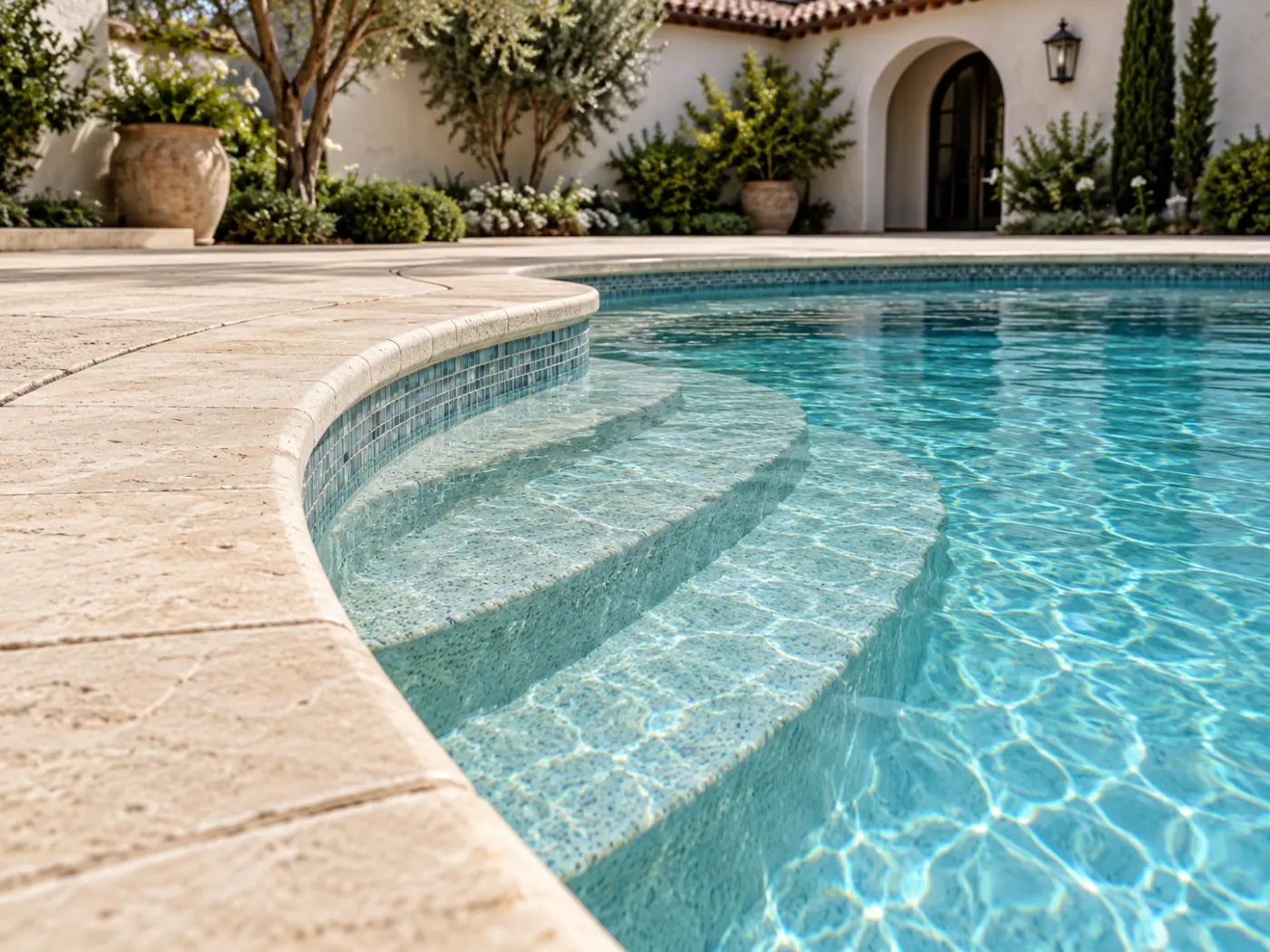 Close-up of curved pool entry steps, blue waterline tiles and pale stone coping in a Mediterranean courtyard.