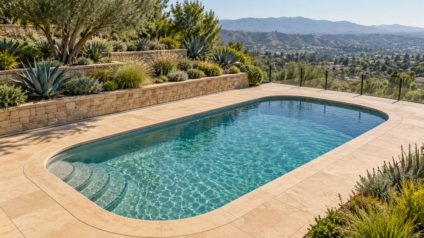 Hillside swimming pool with rounded corners, terraced landscaping and views across the valley.