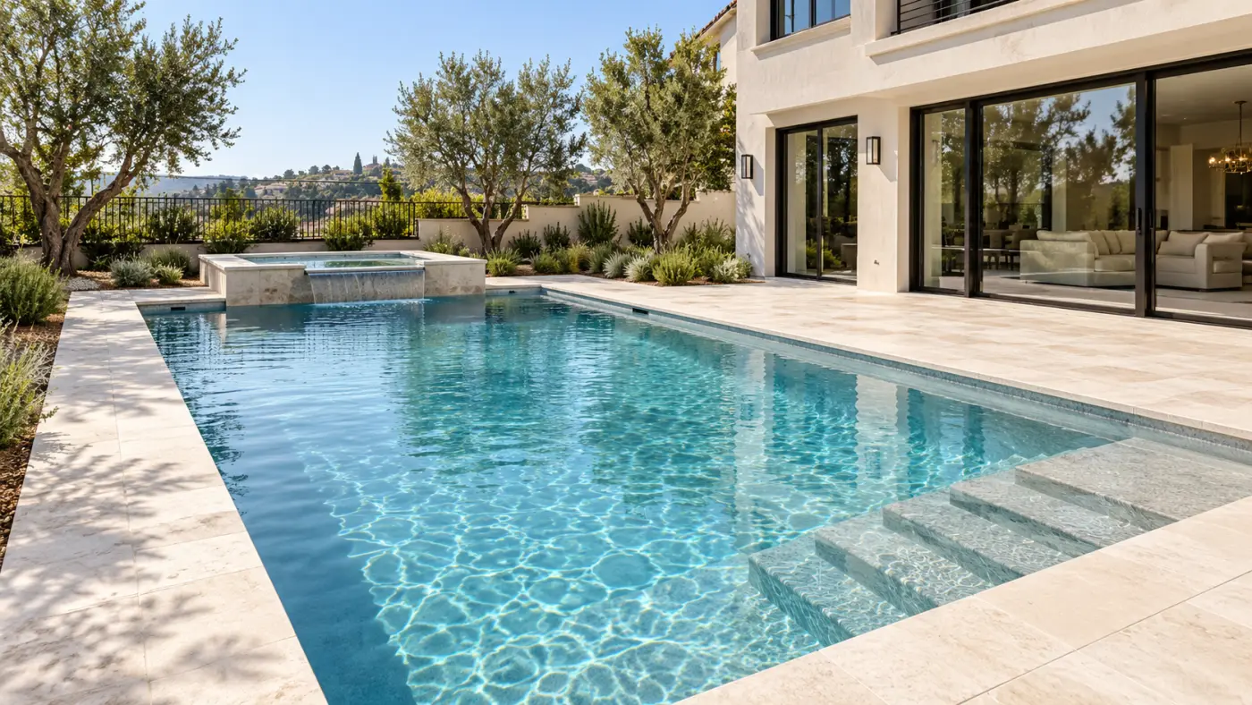 Rectangular backyard pool with a raised spa, wide entry steps and limestone decking beside a contemporary home.