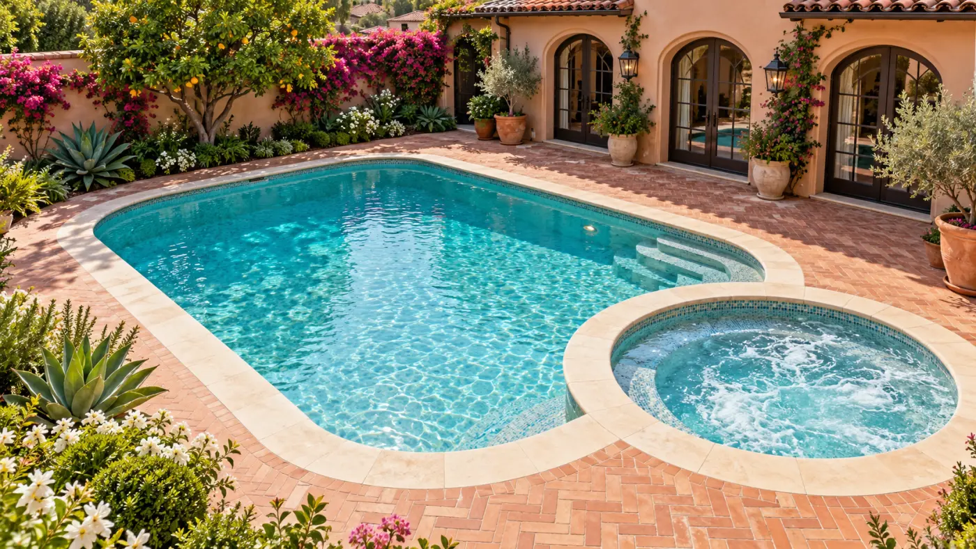Custom inground swimming pool overlooking the Pacific Ocean, featuring broad entry steps, landscaped surroundings, and an outdoor dining terrace in Rancho Palos Verdes.