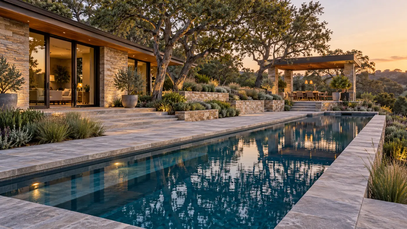 Custom swimming pool with stone-clad home and landscaped outdoor living area, illustrating pool options for Sabre Springs.