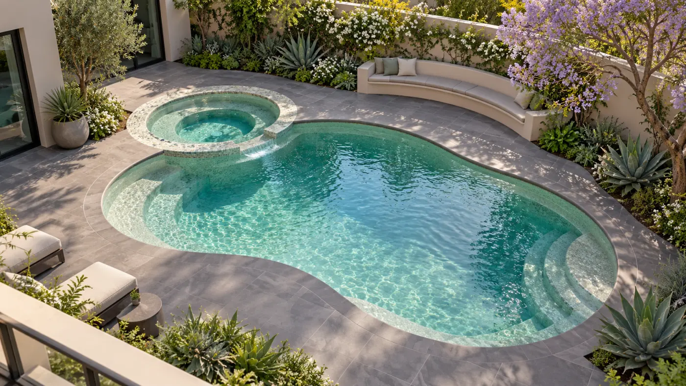 Luxury lap pool with terraced landscaping and covered outdoor dining area, featured for Sabre Springs homeowners.