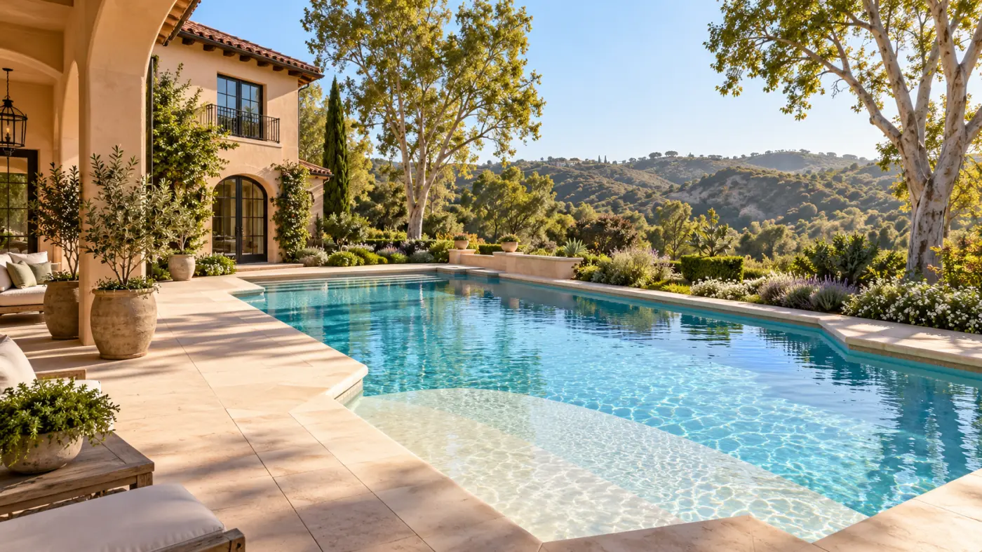 Luxury lap swimming pool beside a stone-clad home with terraced landscaping, illustrating Sabre Springs pool design.