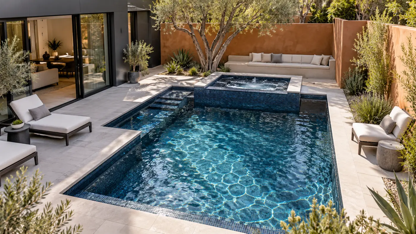 Custom inground swimming pool with blue mosaic tiles, raised spa, and private outdoor seating, showcasing luxury pool design in San Diego.