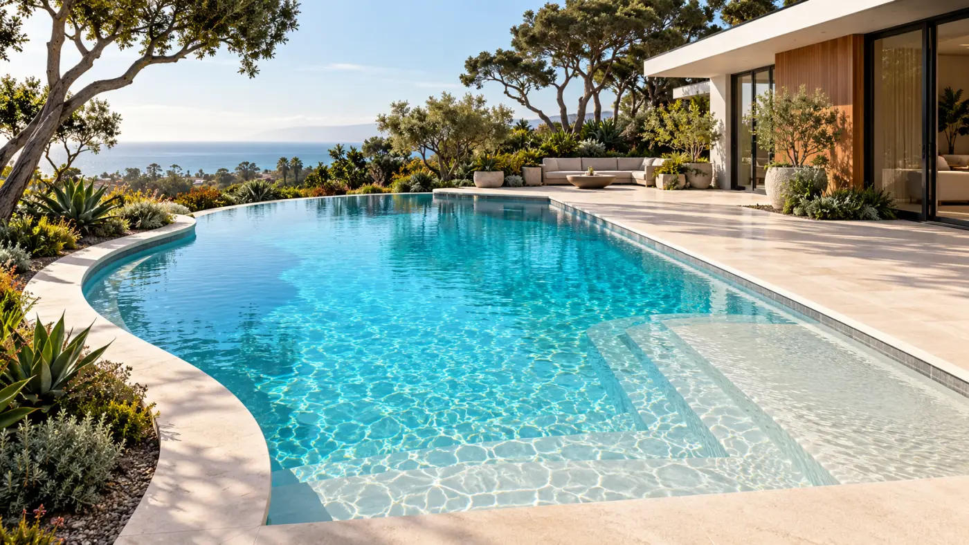 Luxury custom swimming pool design in San Diego featuring a curved pool, shallow sun shelf, natural stone decking, and ocean views.