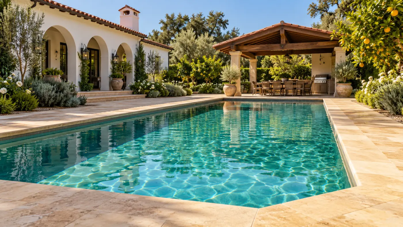 Luxury lap pool design in San Diego featuring a custom swimming pool beside a Spanish-style home and covered outdoor kitchen.