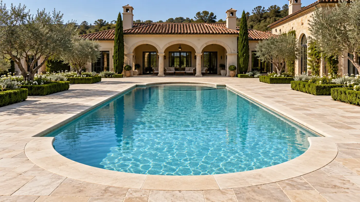 Formal pool with curved ends, pale stone decking and an arched Mediterranean-style estate.
