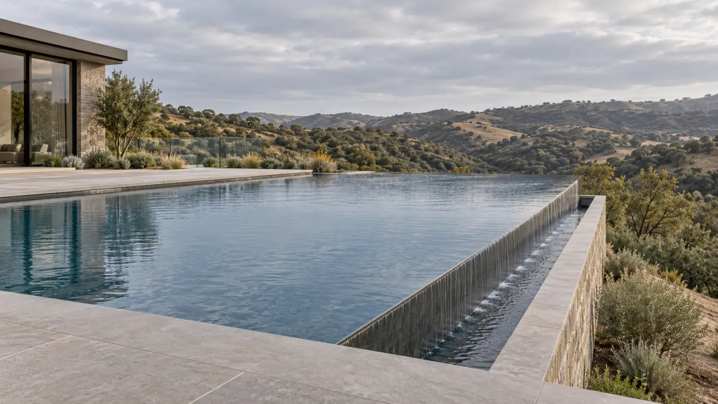 Infinity-edge pool with a visible collection trough overlooking rolling canyon hills.