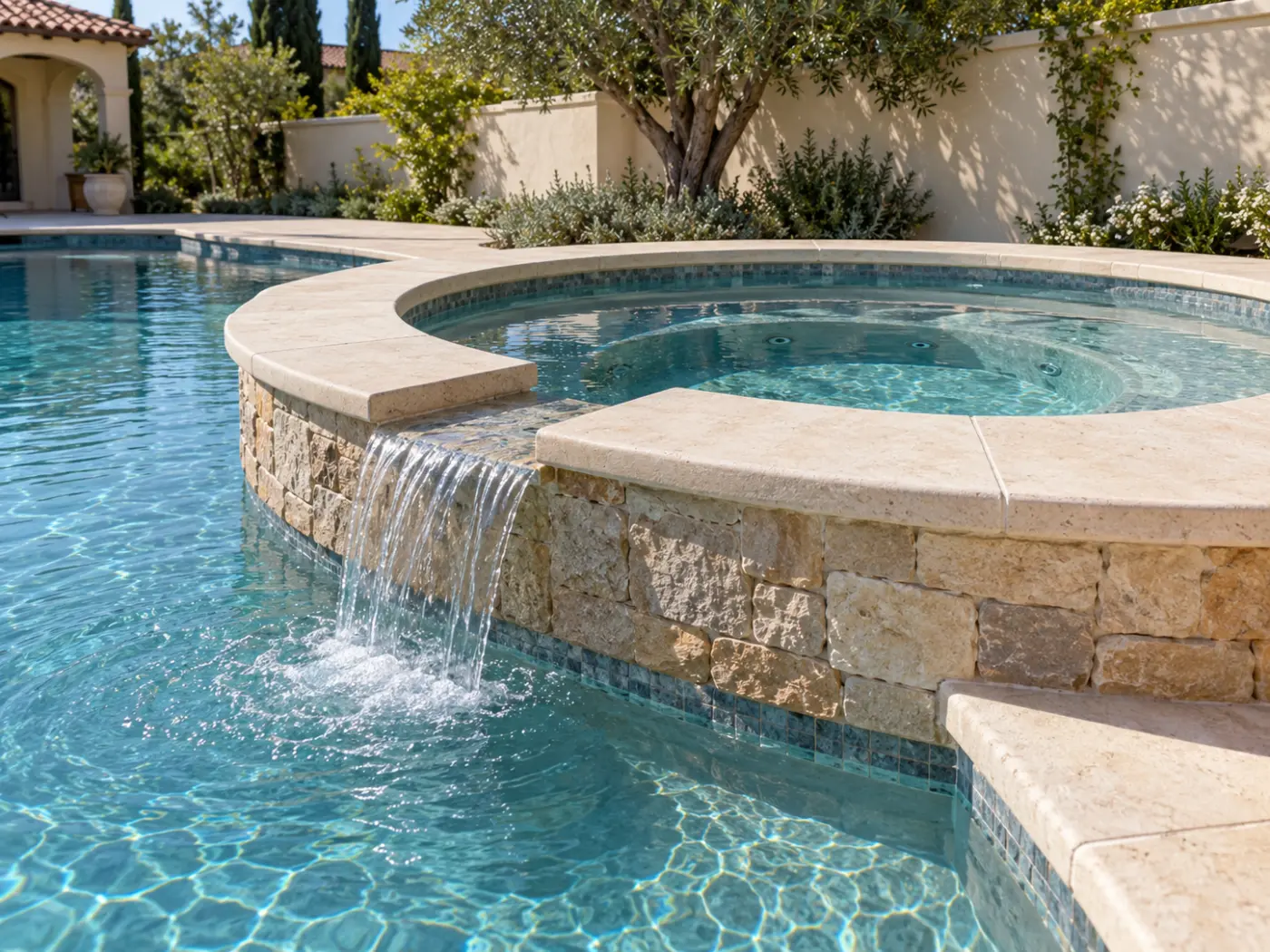 Raised circular stone spa with built-in seating and a spillway flowing into the pool.
