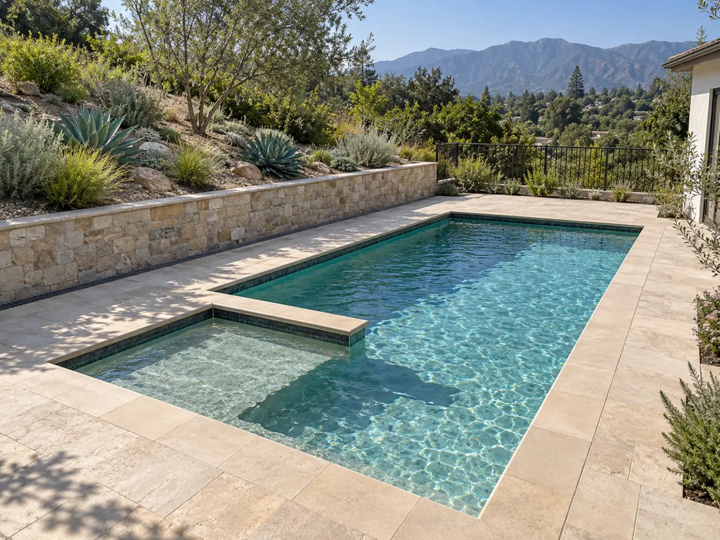 Compact hillside pool with a shallow corner area, stone retaining wall and landscaped slope.