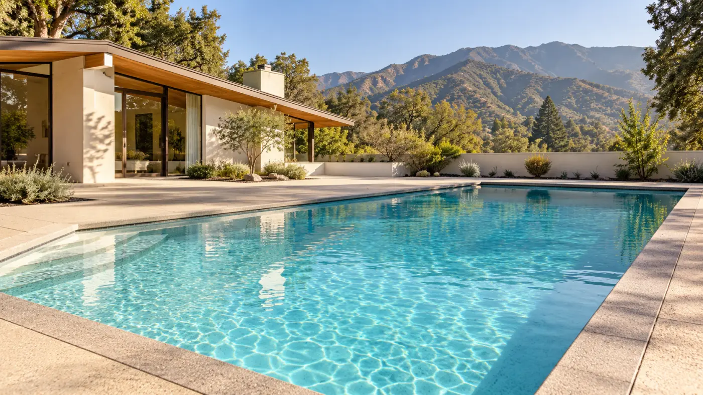 Geometric backyard pool beside a mid-century home, with mountain views and pale concrete decking.