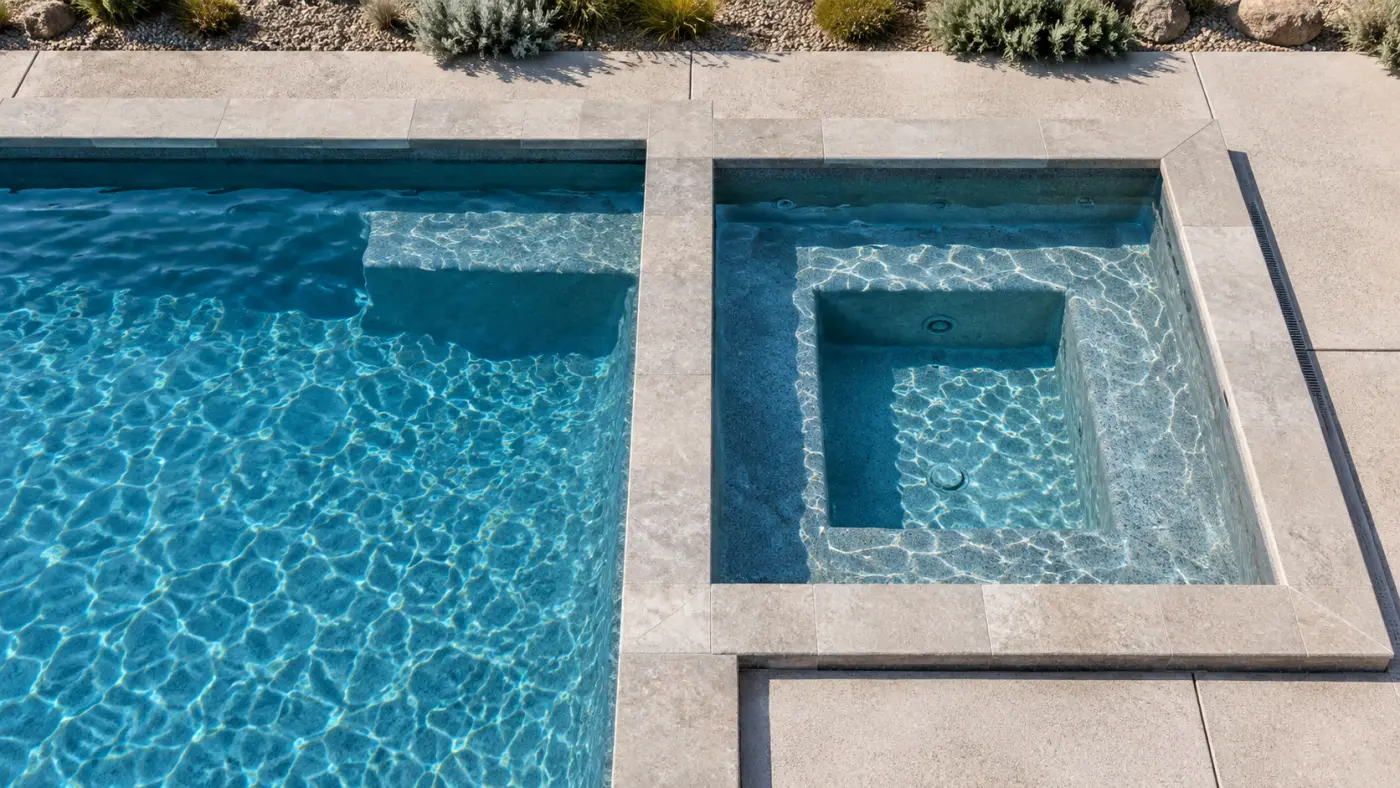 Overhead view of an attached square spa with submerged bench seating beside a swimming pool.