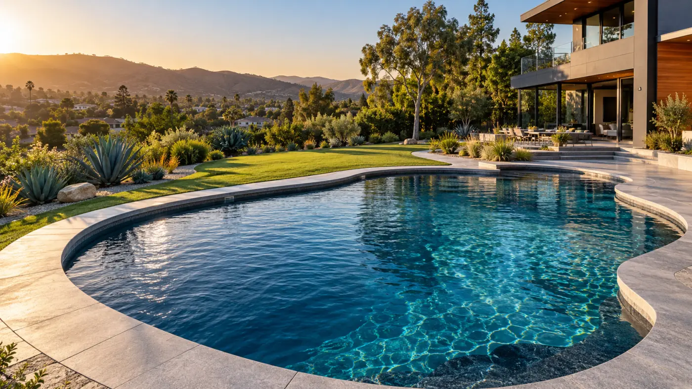 Curved inground pool with stone coping, a lawn and garden planting beside a modern home in West Hills, CA.